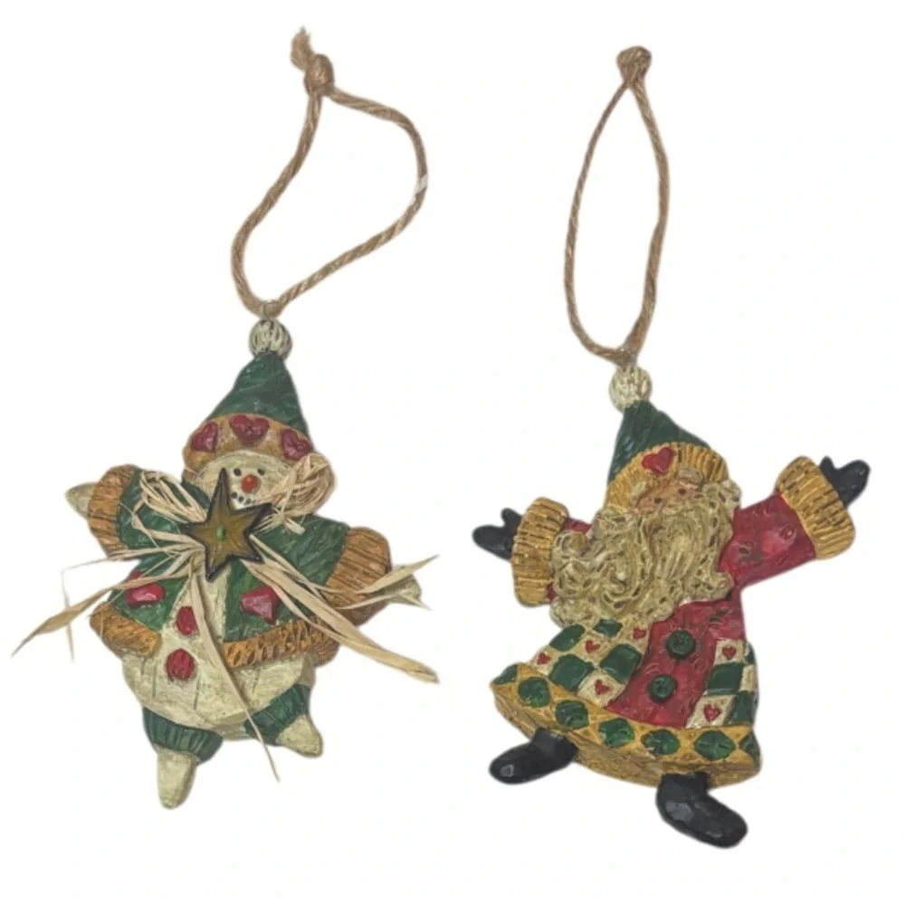 Whimsical Christmas Ornaments Hand Crafted Vintage Snowman Santa 2 Pc Set Red